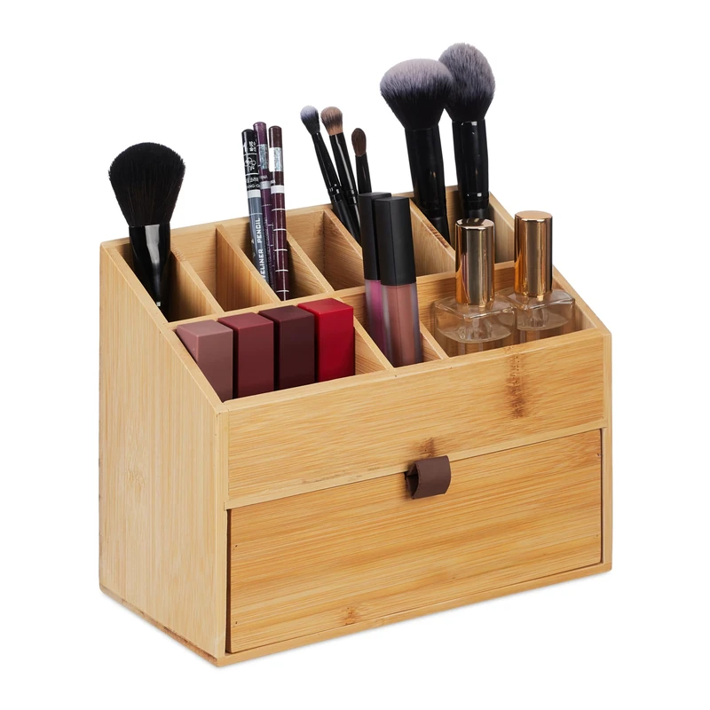 Relaxdays Cosmetic Organiser, Make up Holder with Drawer, Brush Storage, Bamboo, HxWxD: 19 x 25.5 x 12.5 cm, Natural, Polyester