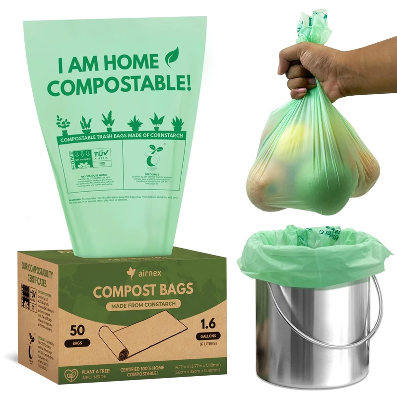 Compostable Trash Bags Small 1.6 Gal - 50 Count Green Compost Bags for Countertop Bin made of Cornstarch - Food Waste Compostable Bags Leakproof & Tear Resistant