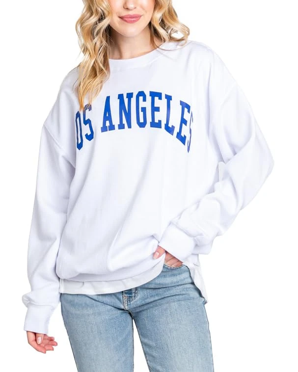 Urban Look Womens Loose Fit California and Los Angeles Fleece Sweatshirts, Los Angeles White, Medium