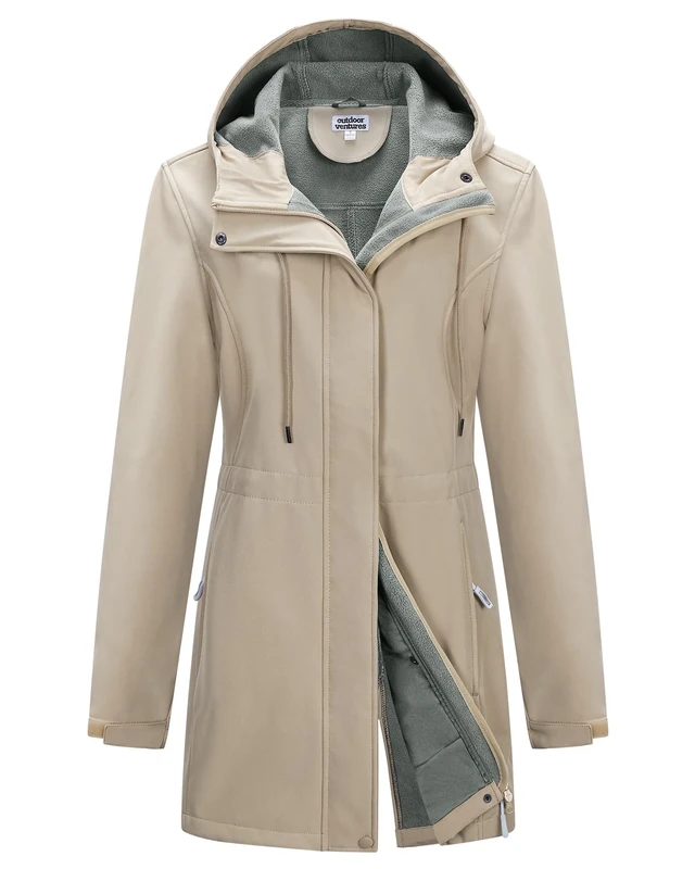 Outdoor Ventures Softshell Jacket Ladies Rain Jacket Functional Rain Coat Windbreaker Waterproof Hiking Jacket Breathable Outdoor Jacket with Hood for Spring Fall Winter Light Khaki 4XL