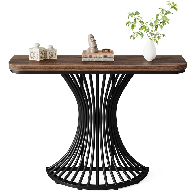 LITTLE TREE 39-Inch Small Industrial Console Table Entryway Table with Geometric Metal Base Entrance, Living Room, Hallway