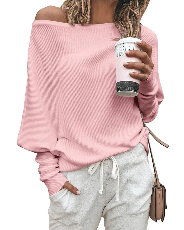 Zenlonr Women's Fall Sweaters 2023 Casual Long Batwing Sleeve Loose Off Shoulder Knit Pullovers Jumper Tops, Solid Pink, Large