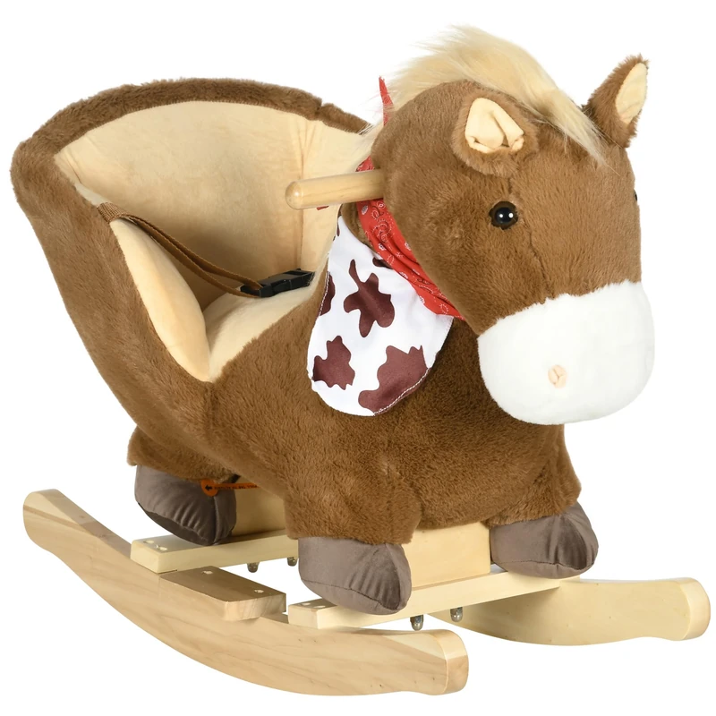HOMCOM Kids Rocking Horse Plush Ride On Horse with Seat Belt, Realistic Sounds, Foot Pedals for Toddlers Aged 18-36 Months - Brown