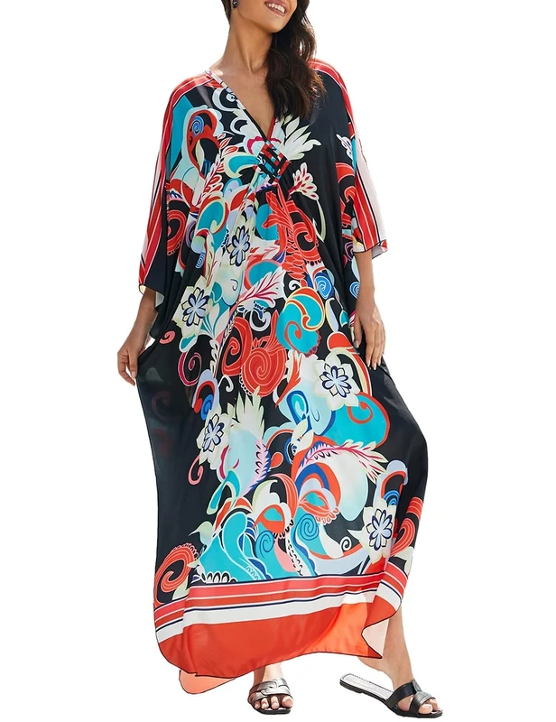 Bsubseach Kaftan Dresses for Women Plus Size Caftans Long Beach Swimsuit Cover Up Summer Loungewear Colorful Flowers