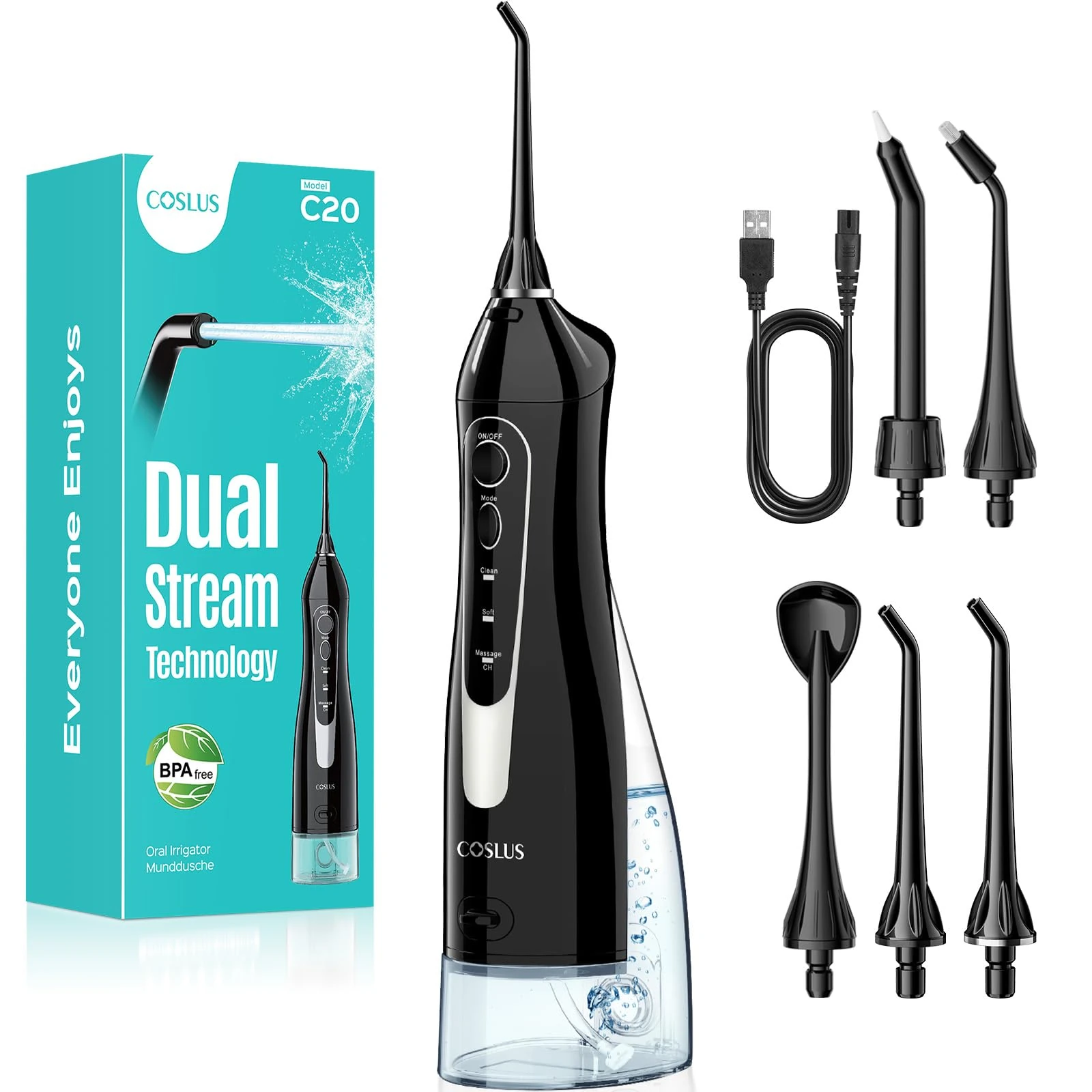 COSLUS Water Dental Flosser for Teeth Cordless: 2026 Upgraded Portable Oral Irrigator 300ML 5 Jet Tips Rechargeable Tooth Flosser Teeth Braces Pick IPX7 Waterproof Irrigation Cleaner for Travel Home