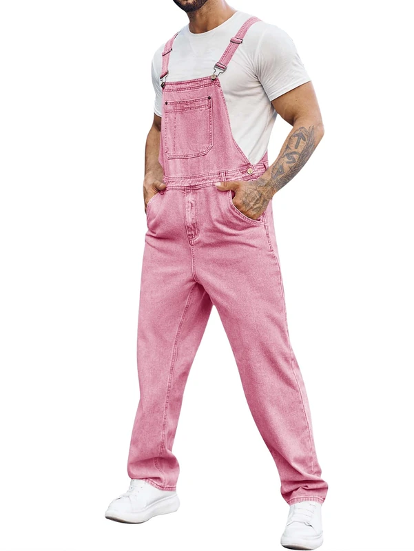 Runcati Men's Denim Bib Overall Jean Romper Trousers Adjustable Strap Workwear Slim Fit Jumpsuit, Pink, XL