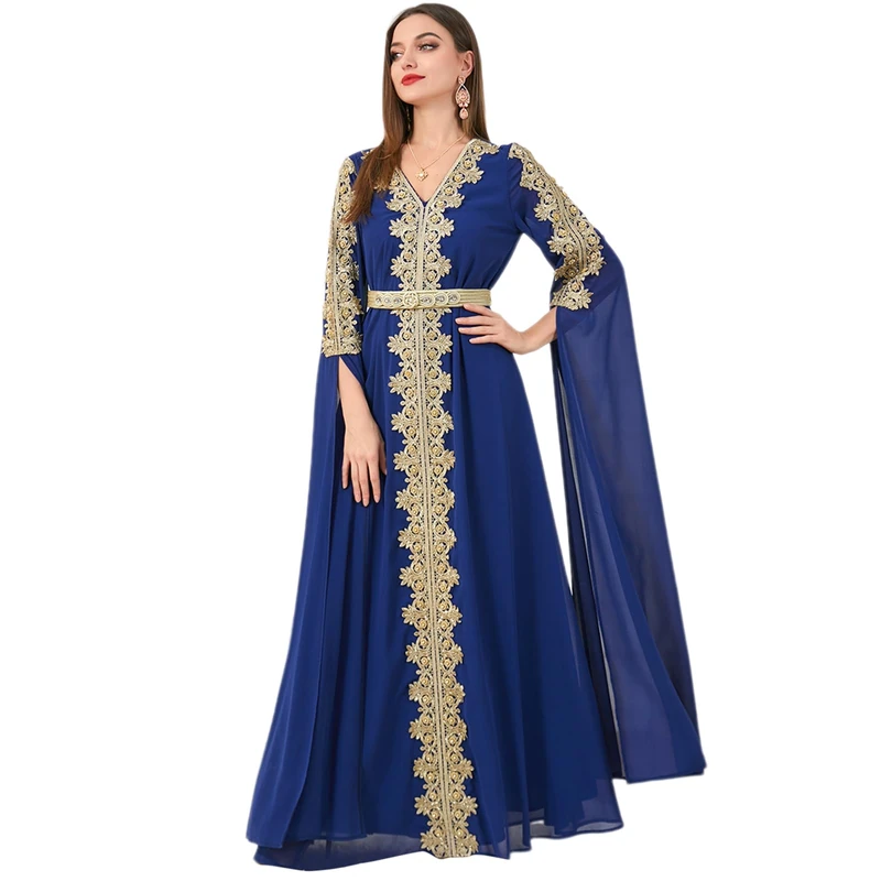 AFAVOM Women Moroccan Kaftan Abaya Golden Lace Dress Embroidered Islamic Ramadan Eid Dress Arabic Dubai Muslim Prayer Robe, Black, XXL