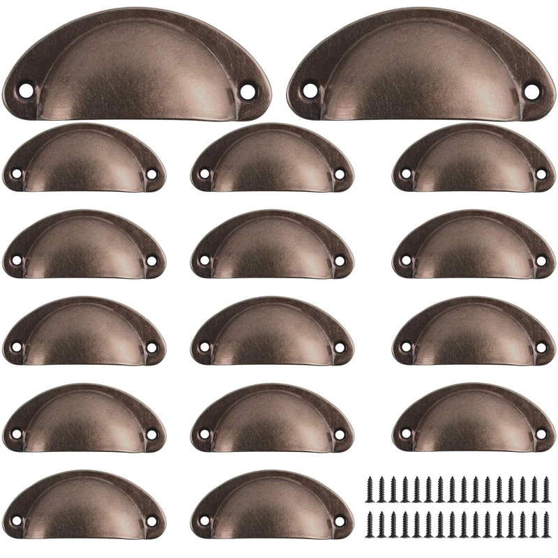 Yibaijia 16 Pcs Shell Cup Handles, Vintage Drawer Pull Handles, Semi Circle Retro Kitchen Cupboard Door Handle and Knobs, Furniture Cabinet Dresser Door Knobs with Screws-Retro red