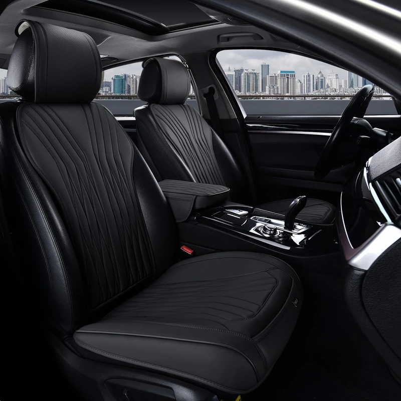 BWTJF Leather Front Car Seat Covers Black, Universal Sideless Auto Seat Protectors with Storage Pocket and Center Console Covers, Compatible with Most of Vehicles - SUVs/Sedans/Pickup Trucks