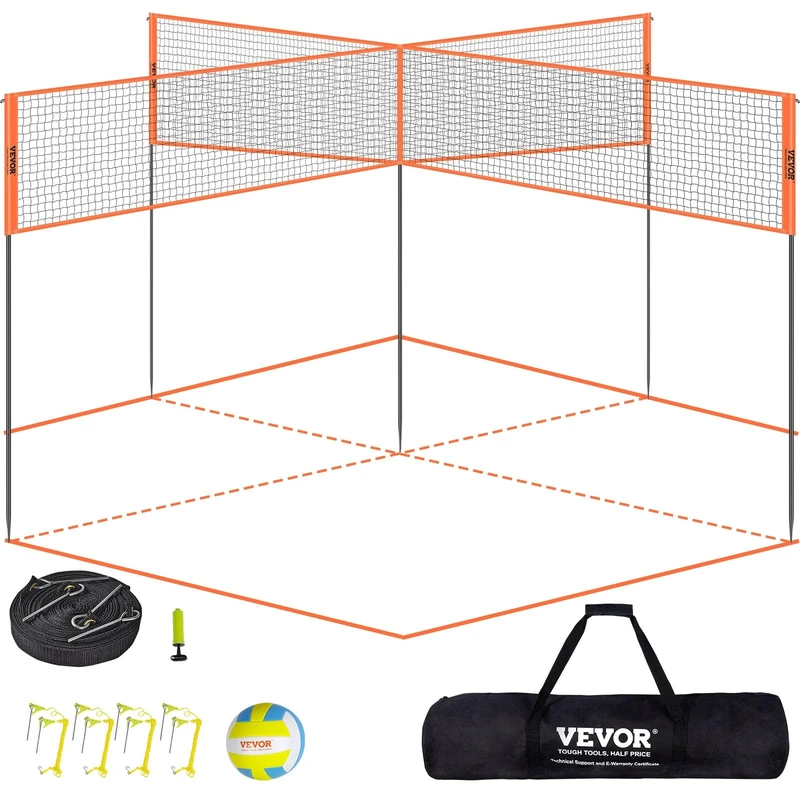 VEVOR 4-Way Adjustable Height Badminton and Volleyball Net Set for Backyard Beach Lawn - Outdoor Portable 4 Square Quick Assemble Game Set With Carrying Bag for Kids and Adults