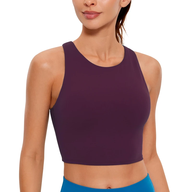 CRZ YOGA Women's Butterluxe Racer Back Padded Sports Bra - High Neck Longline Crop Top Gym Workout Tank Tops with Built in Bra Deep Purple 10