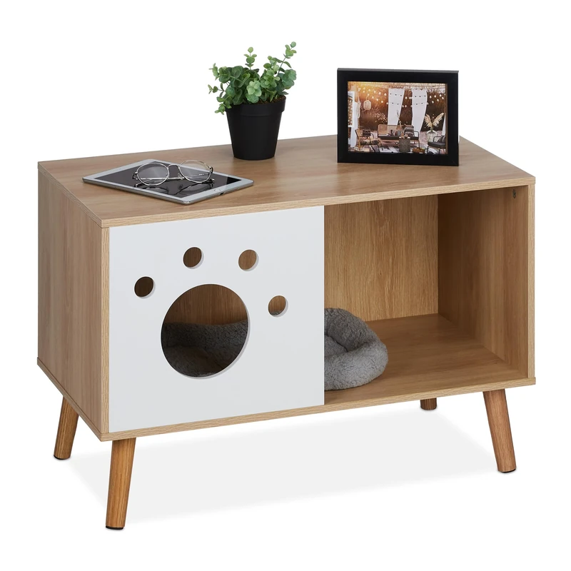 Relaxdays Cat Cabinet, Entrance, Wooden Cupboard Design, Litter Box, Pet House, HxWxD: 50 x 75 x 40 cm, Natural/White