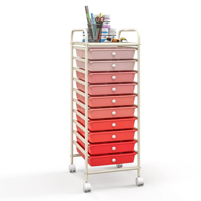 GiantexUK 10 Drawers Rolling Trolley, Multipurpose Utility Storage Organizer Cart with Wheels, Home Office Hairdressing Salon Shelving Organizer Unit (Gradient Pink)