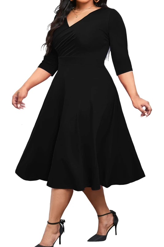 CLOCOR Women's Plus Size Midi Dress 3/4 Sleeve A-Line Swing Dress V Neck Flowy Casual Dresses, Black, XL