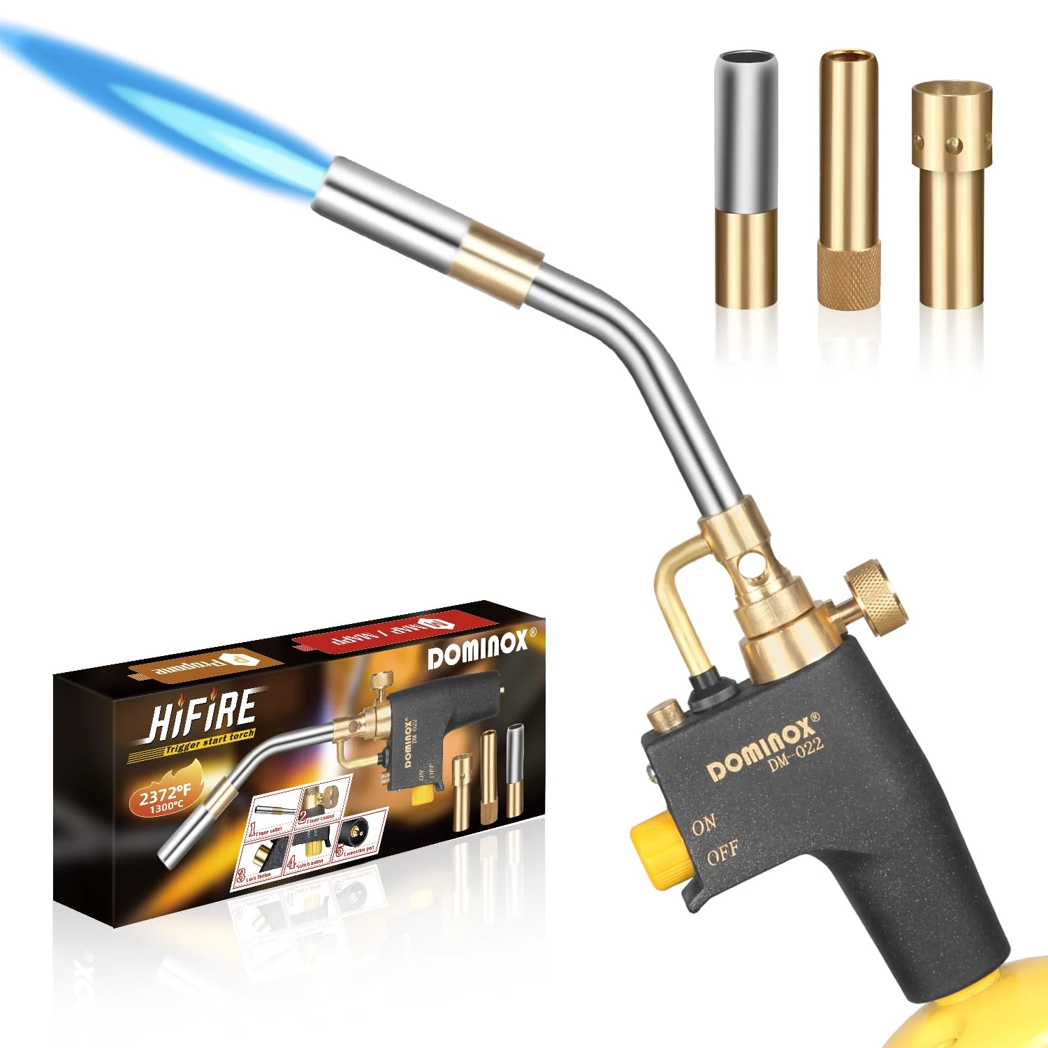 DOMINOX Propane Torch Head with 3 Nozzles, Trigger Start Gas Torch for for Propane, MAP and MAPP, High Intensity Mapp Gas Torch Kit for Soldering, Welding, Ignition, Cooking