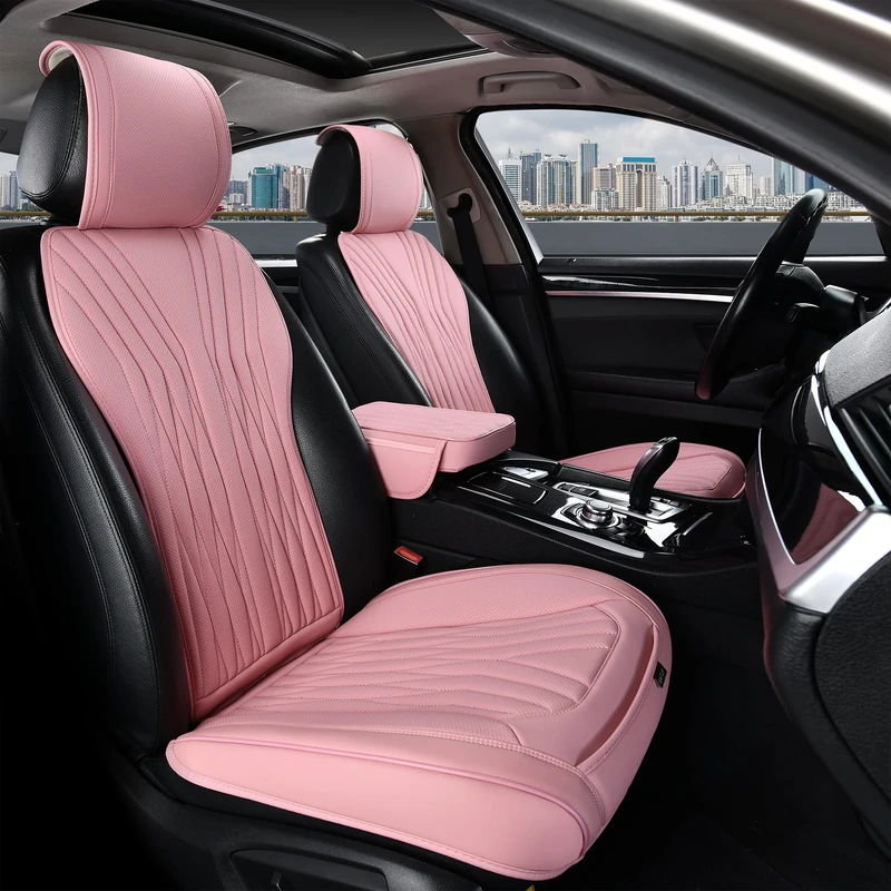 BWTJF Pink Leather Front Car Seat Covers, 2 Pack Universal Sideless Auto Protectors for Front Seats with Storage Pocket and Center Console Covers, Compatible with 95% Cars (Sedan/SUV/Pickup/Van)