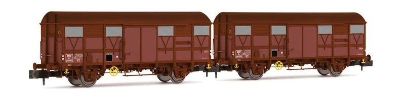 ARNOLD HN6570 SNCF, 2-unit pack 2-axle covered wagons type Kv (Permaplex walls), ep. III Freight Wagons