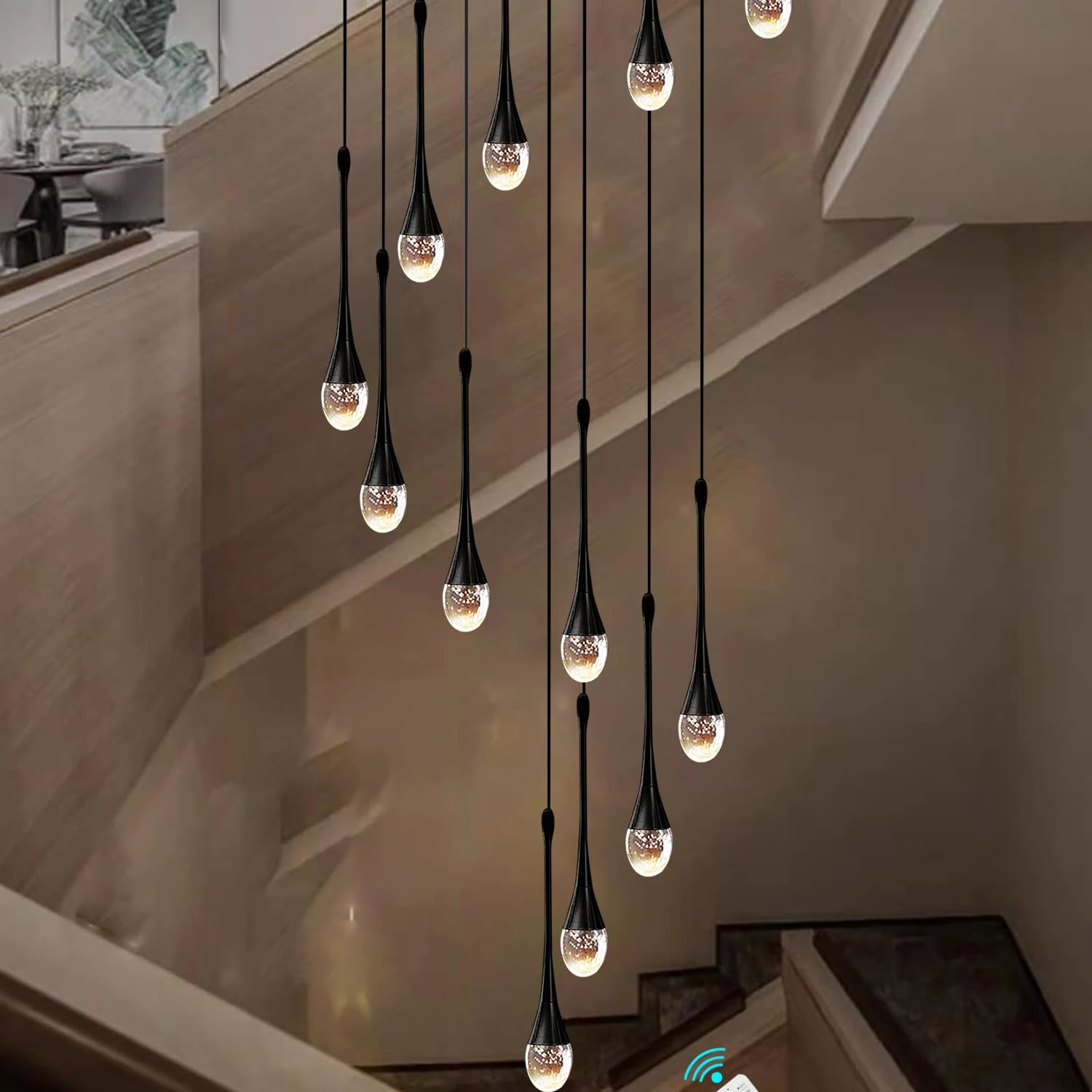Black Raindrop Crystal Pendant Chandeliers 120''/305Cm High Ceiling Foyers Entrance 12-Light Chandeliers Staircase Long Pendant Light Big Crystal Bubble 3000-6000K Dimmbale Led Lighting Fixtures
