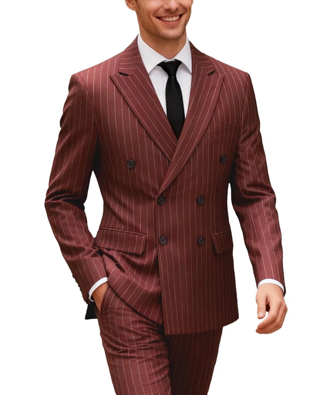 UNINUKOO Men's Suits 2 Piece Pinstripe Double Breasted Tuxedo Suit for Men Slim Fit Formal Dress Blazer Jacket Pants, Burgundy, L