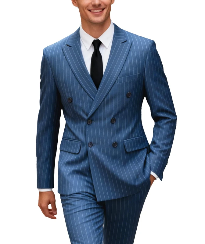 UNINUKOO Men's Suits 2 Piece Pinstripe Double Breasted Tuxedo Suit for Men Slim Fit Formal Dress Blazer Jacket Pants, Sea Blue, XL