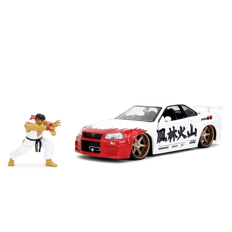 Jada Toys Street Fighter Ryu Figure with Model Car 2002 Nissan Skyline GT-R - Set of Figure (6 cm) and Toy Car (19 cm) for Fans and Children from 8 Years