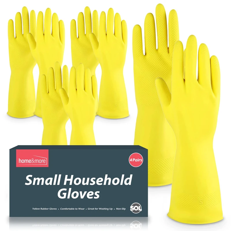 SOL 4 Pairs Small Household Gloves, Yellow Heavy Duty Rubber Gloves for Cleaning with Non-Slip Grip, Durable Waterproof Design for Kitchen, Bathroom & Dishwashing, Multipurpose & Comfortable To Use