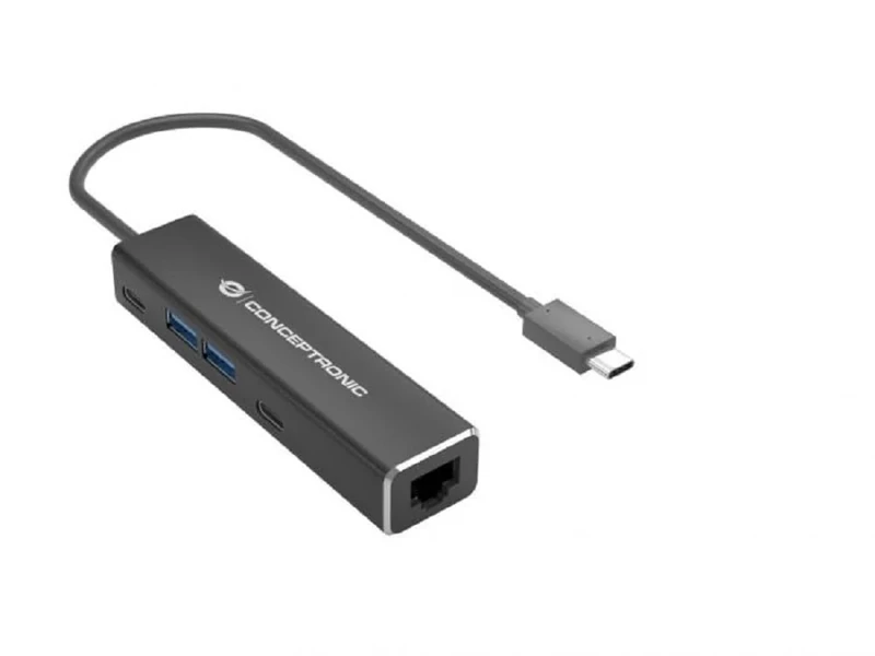 CONCEPTRONIC ABBY14B 2.5G Ethernet USB 3.2 Gen 1 Adapter with USB Hub, 2.5GbE, USB-A x 2, USB-C x 2