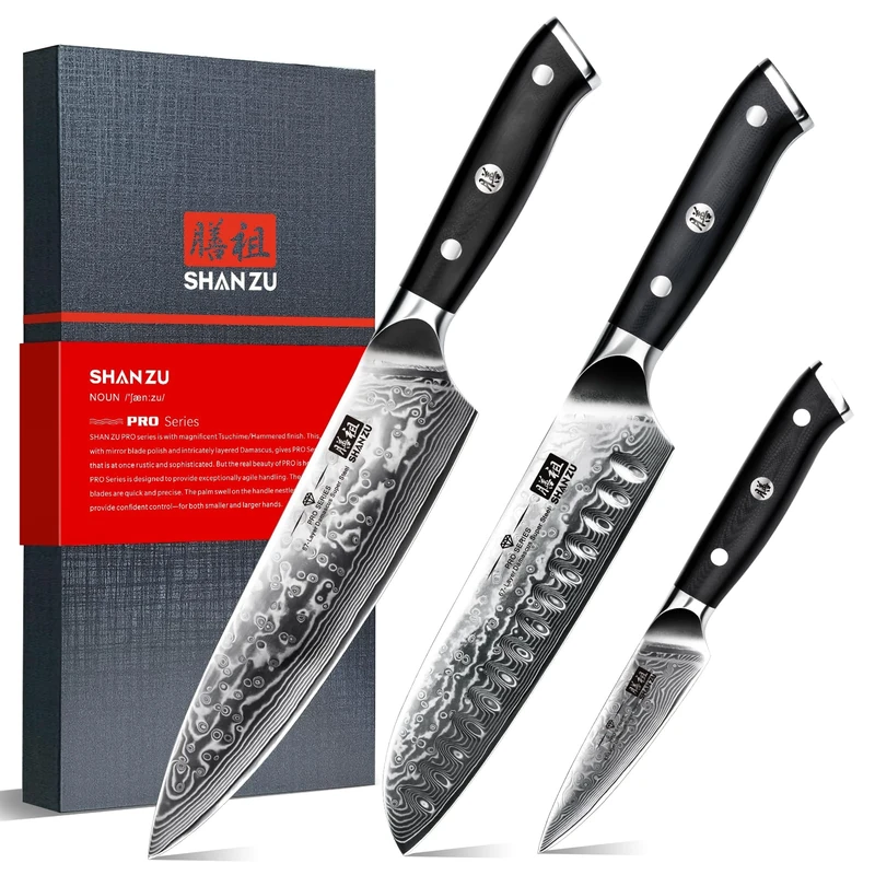 SHAN ZU Damascus Knife Set of 3 PCS, Japanese Damascus Steel 67 Layers Kitchen Knives Set High Carbon Professional Ultra-Sharp Chef Knife Set Ultra Sharp Cooking Utility Knife Set with G10 Handle