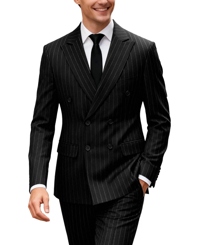 UNINUKOO Men's Suits 2 Piece Pinstripe Double Breasted Tuxedo Suit for Men Slim Fit Formal Dress Blazer Jacket Pants, Black, S