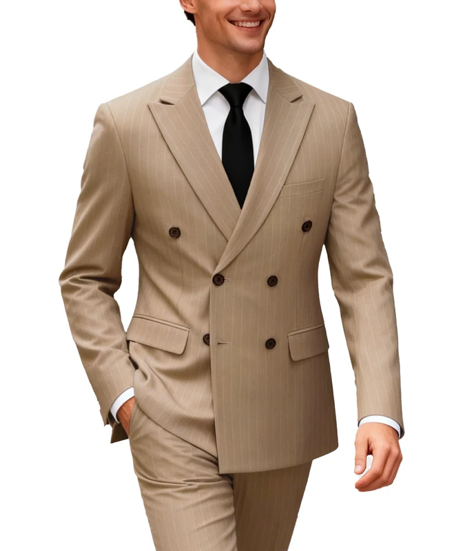 UNINUKOO Men's Suits 2 Piece Pinstripe Double Breasted Tuxedo Suit for Men Slim Fit Formal Dress Blazer Jacket Pants, Khaki, M
