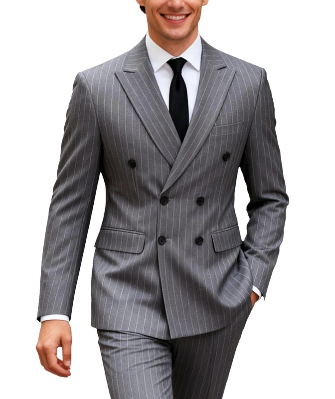 UNINUKOO Men's Suits 2 Piece Pinstripe Double Breasted Tuxedo Suit for Men Slim Fit Formal Dress Blazer Jacket Pants, Dark Grey, XL