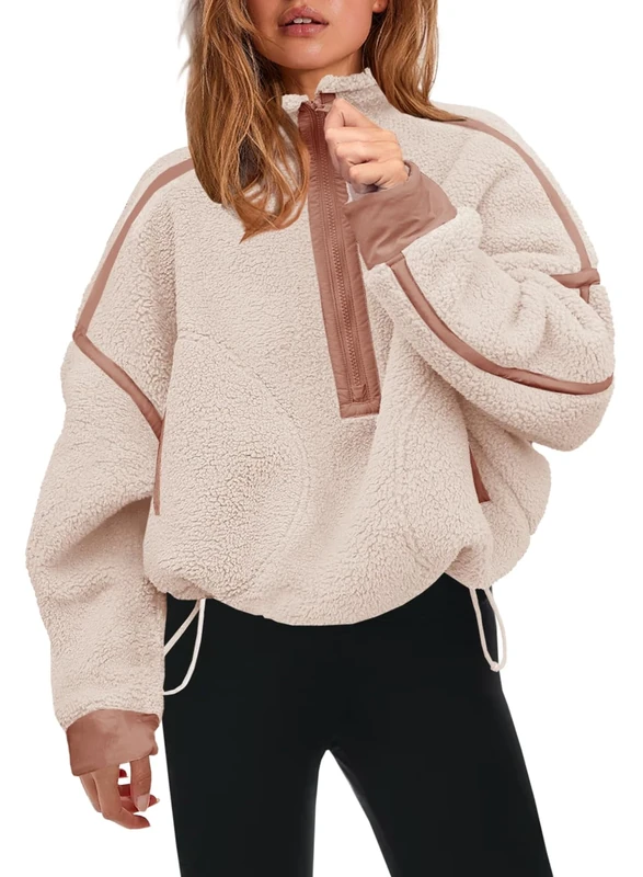 Panadila Womens Half Zip Sherpa Fleece Pullover Soft Oversized Sweatshirt with Pockets Warm Fuzzy Sweater, Beige, L