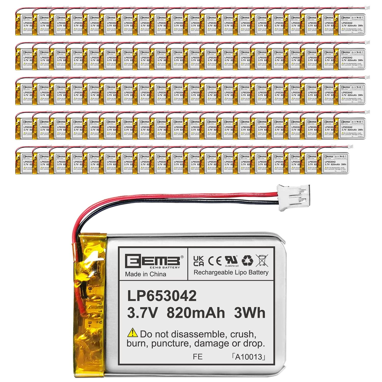 EEMB Lithium Polymer battery 3.7V 820mAh 653042 Lipo Rechargeable Battery Pack with wire JST Connector-confirm device & connector polarity before purchase(100)