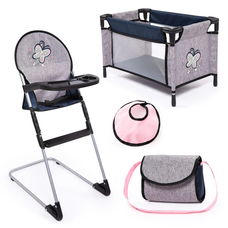 Bayer Design 63227AB Doll's high chair, dolls bed, bag, bib, accessory play set - perfect for role play, 3+ age