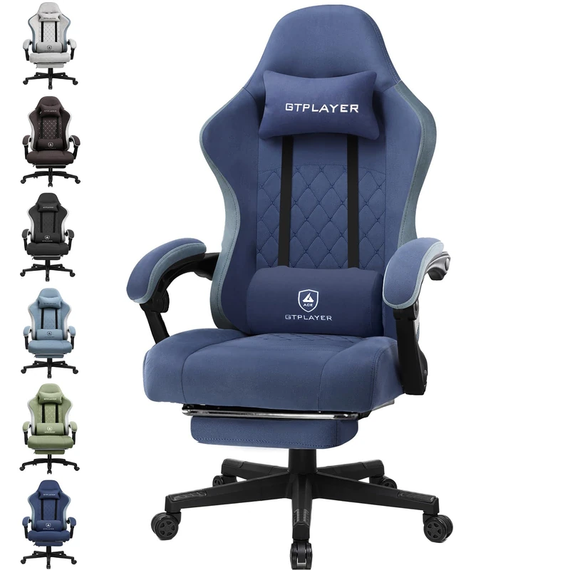 GTPLAYER Fabric Gaming Chair with Footrest, Ergonomic Computer Desk Chair with Pocket Spring Cushion Home Office High Back Support Lumbar Support Heavy Duty Wide, Dark Blue