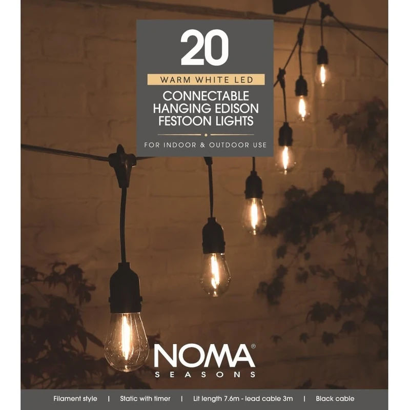 Noma Connectable Drop Festoon Lights, 20 Small Edison LED Bulbs, 10.6 m
