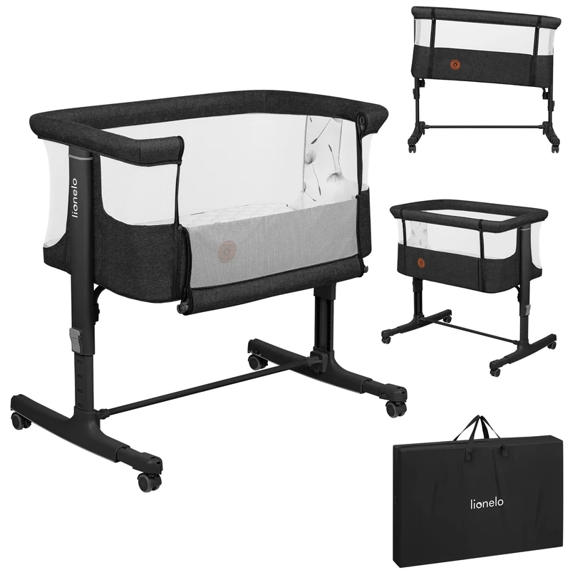lionelo Aurora 3in1 Baby Bedside Cot Co-Sleeper for Babies From Birth to 9kg, Adjustable Height & Incline, Mattress, 4 Lockable Wheels, Breathable, Portable, Washable, Bag, Straps