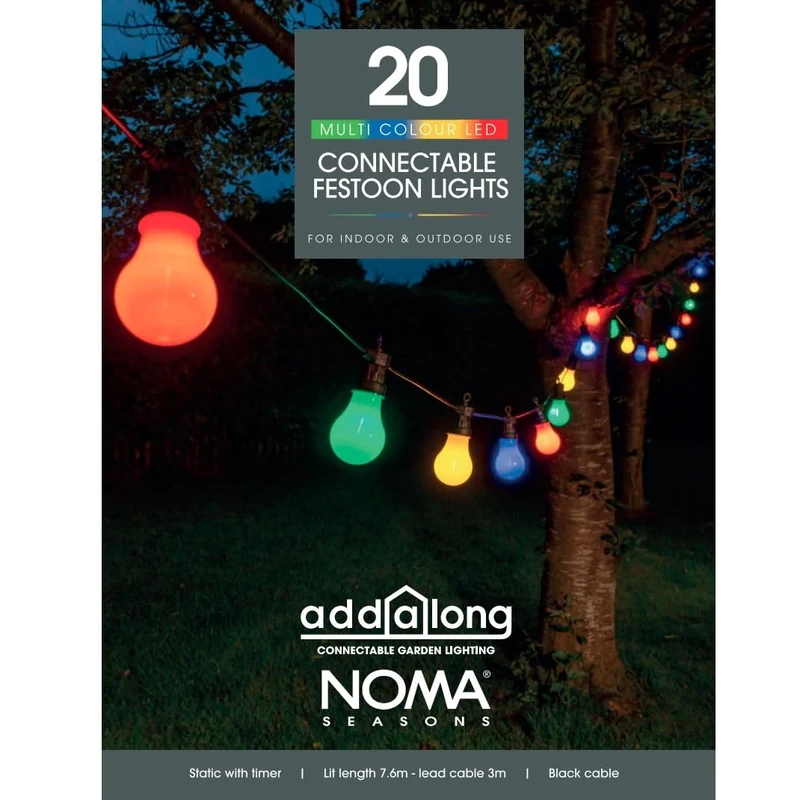 NOMA Connectable Festoon Lights, 20 Multicolour LED Pro Bulbs, 10.6 m