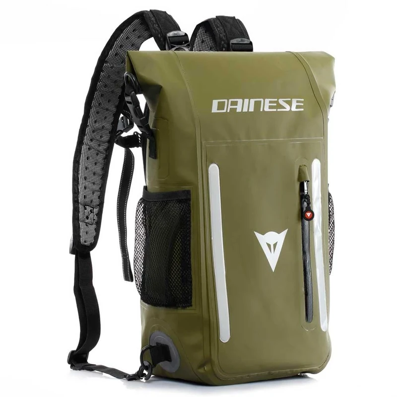 DAINESE - Explorer Backpack WP, Waterproof PVC, with Breathable Back, Adjustable Shoulder Straps and Water Resistant Pockets, Reflective Details, Outdoor and Motorcycle, 15 L, Black and Green