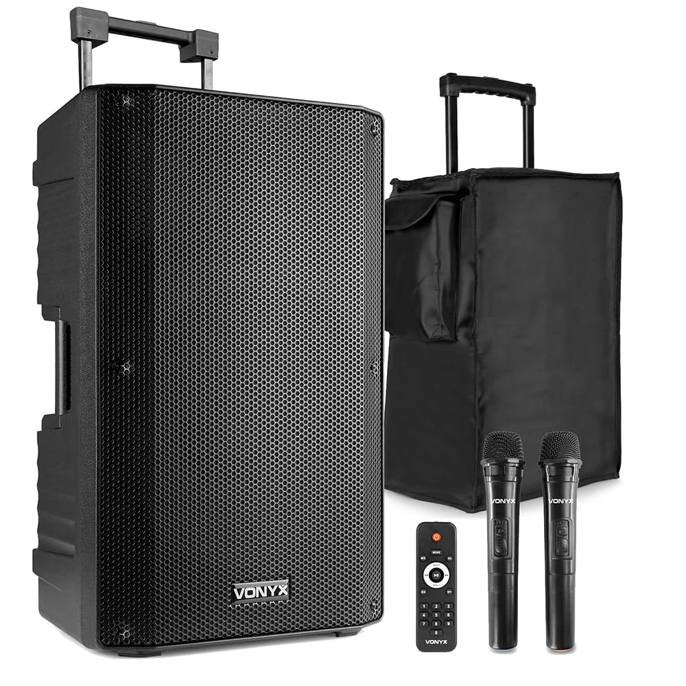 VONYX VSA700 15-Inch Portable PA System with 2 Wireless Microphones & SC15 Protective Case – 1000W Battery Powered PA System, Bluetooth, USB & SD for Karaoke, DJs, Events & Public Address