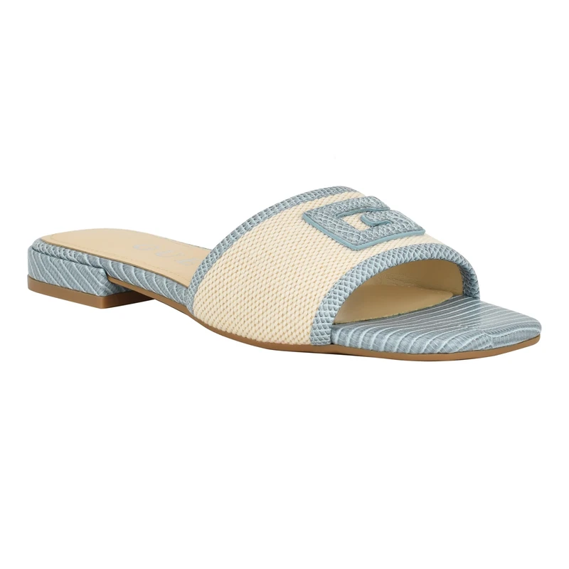 GUESS Women's Tampa Flat Sandal, Light Blue/Beige Multi, 6 UK