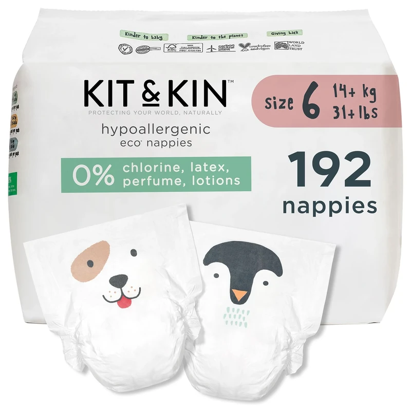 Kit & Kin Premium Eco Baby Nappies Size 6 | 14+ kgs / 31+ lbs | Pack of 192 Nappies | Plant-Based & Hypoallergenic | Superior up to 12 Hour Leak Protection | Vegan & Cruelty Free