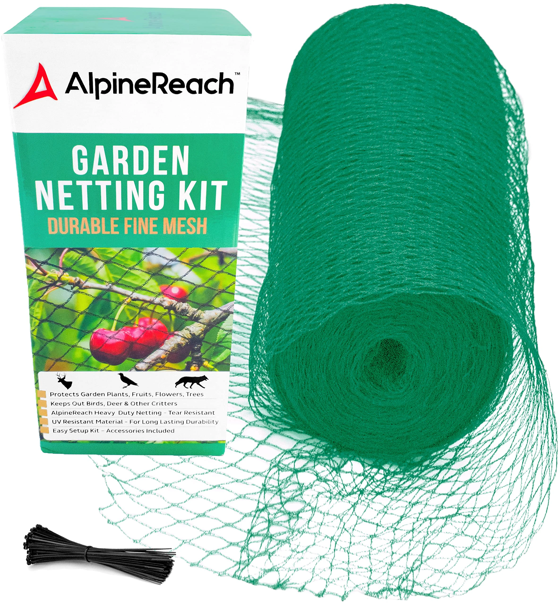 AlpineReach Garden Netting 4.5m x 9m Extra Strong Woven Mesh Bird Netting Heavy Duty Kit - Protect Plants & Fruit Trees Against Animals & Deer Fencing Protection - Reusable with Cable Ties, Green
