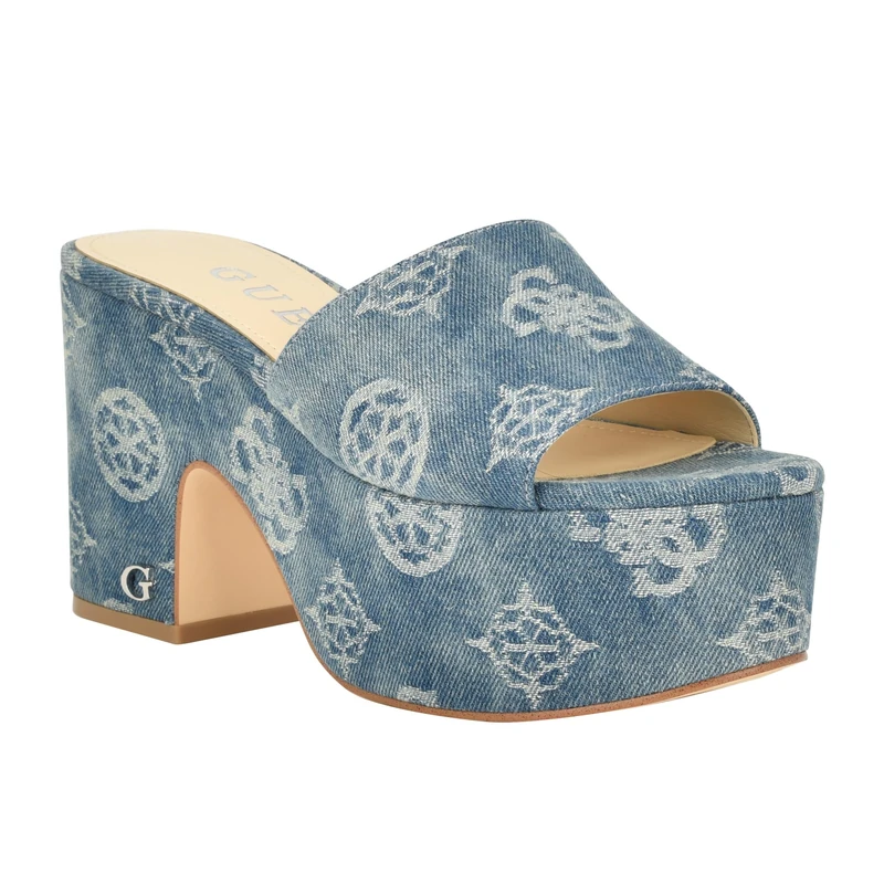 GUESS Women's Yapplea Heeled Sandal, Blue Denim Logo, 4 UK