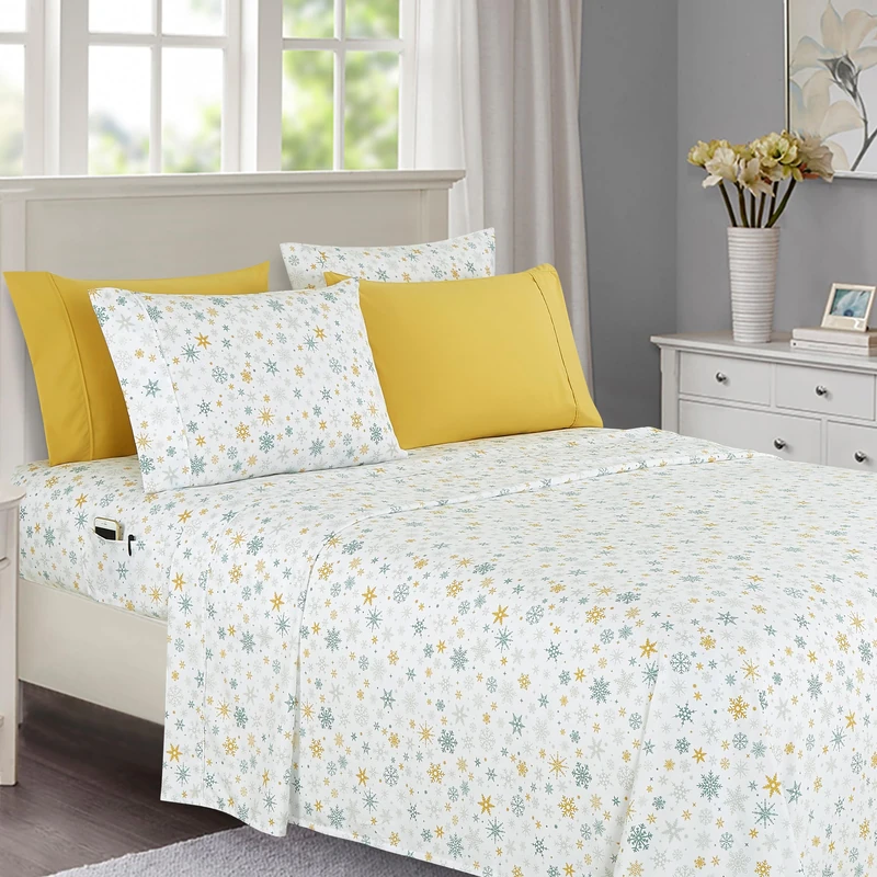 Elegant Comfort Bed Sheet Set 6 Piece Luxury Hotel Quality 1500 Luxury Microfiber - Soft, Wrinkle and Fade Resistant Holiday 1500 - Holiday 1500 - Gold Snowflake