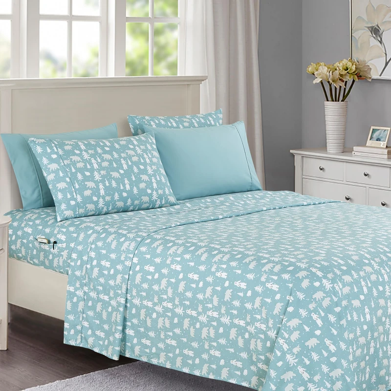 Elegant Comfort Luxury Soft Bed Sheets Holiday Pattern 1500 Premium Hotel Quality Microfiber - Softness Wrinkle and Fade Resistant (6-Piece) Bedding Set, Queen, Blue Polar Bear - Image 1