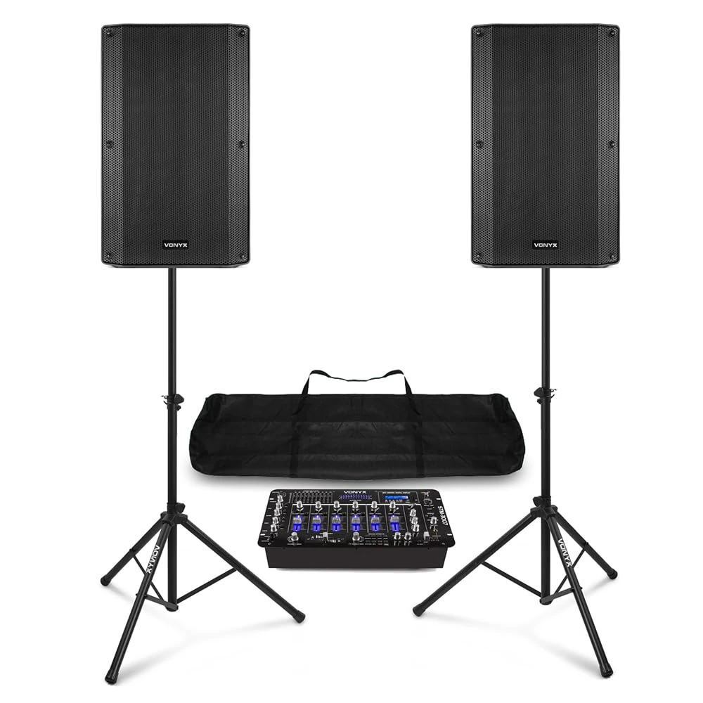 VONYX VSA120S 12" Active DJ Speaker Packages with STM-3007 6-Channel Mixing Desk, Stands & Bluetooth – Complete PA System Package Kits for Parties, Events & Gig Performances