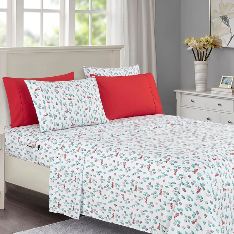 Elegant Comfort Luxury Soft Bed Sheets Holiday Pattern 1500 Premium Hotel Quality Microfiber - Softness Wrinkle and Fade Resistant (6-Piece) Bedding Set, Queen, Pickup Tree