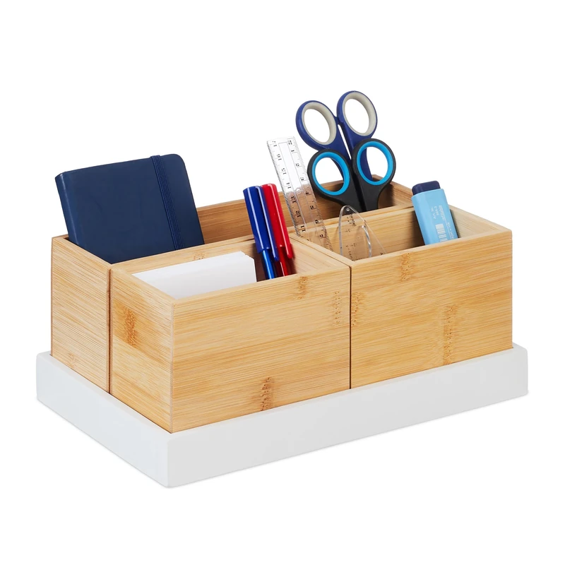 Relaxdays Bamboo Organiser, 4-Piece Set, Desk Utensils, Cosmetics, for Office, Bathroom, Storage Tray, Natural/White