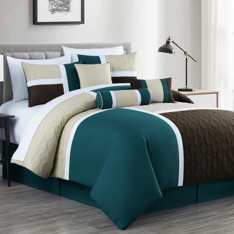 Chezmoi Collection Upland 7-Piece Quilted Patchwork Comforter Bedding Set, Teal/Beige/Brown, Queen